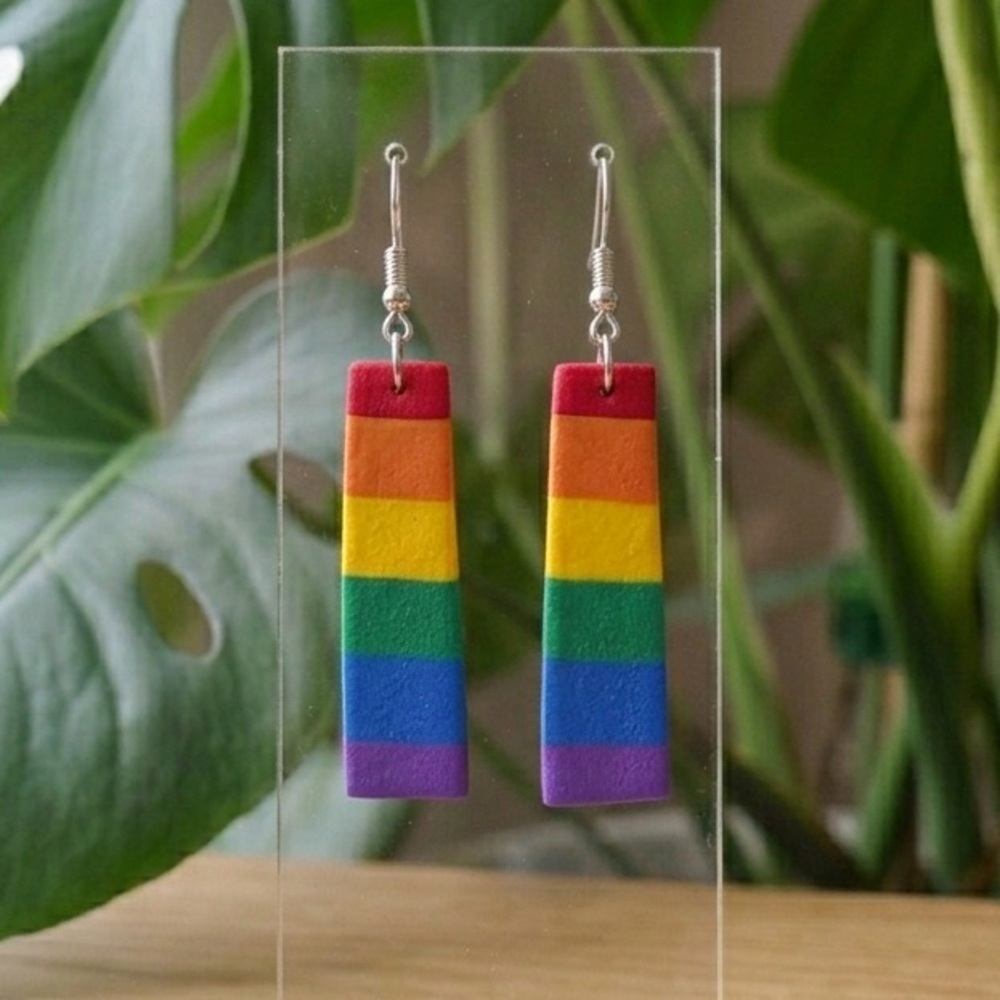 Rainbow Stripe Wood Dangle Earrings - Unbranded